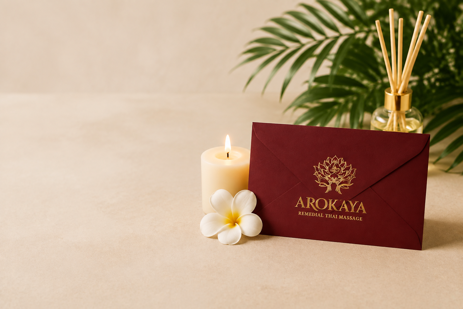Gift envelope, candle and flowers